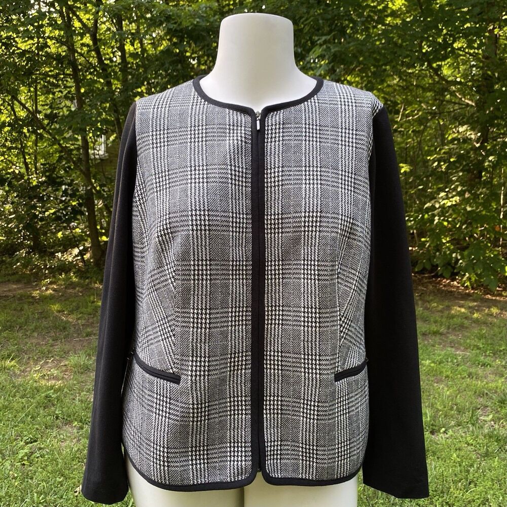 Talbots Zip Up Knit Jacket Blazer Houndstooth Ponte Sleeves Size 16WP Old Money